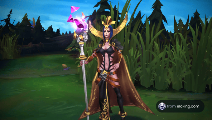 A powerful enchantress standing in a magical forest.