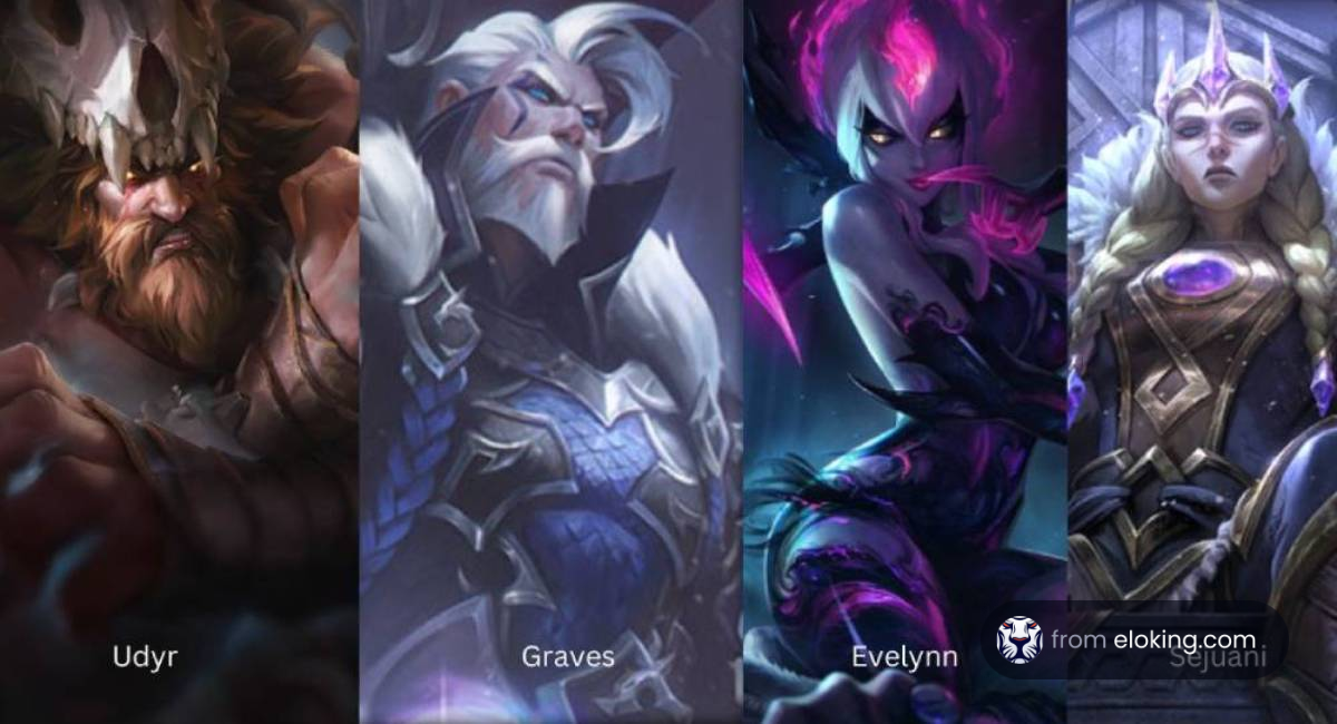 Artistic portrait of League of Legends champions Udyr, Graves, Evelynn, and Sejuani
