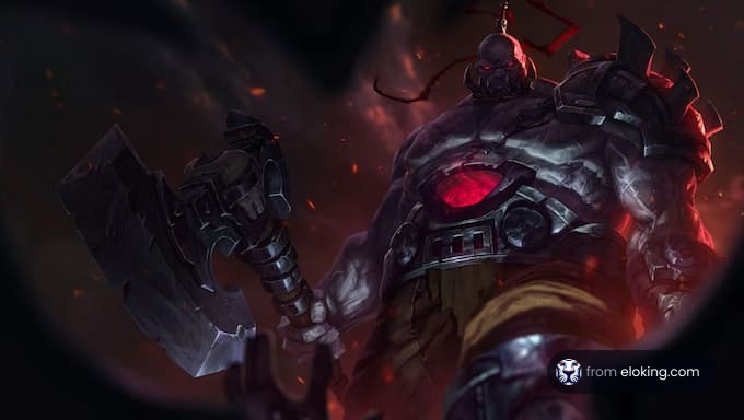 A powerful character from a fantasy game with an imposing axe