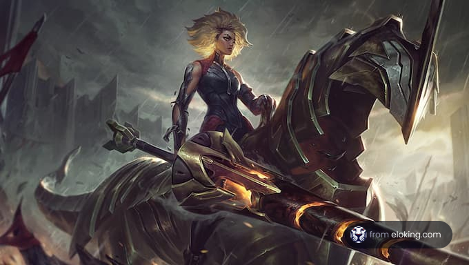 A character from League of Legends riding a mythical horse in a dramatic setting.