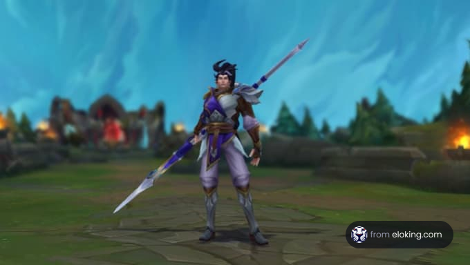 A character from League of Legends holding a spear in a fantasy environment.
