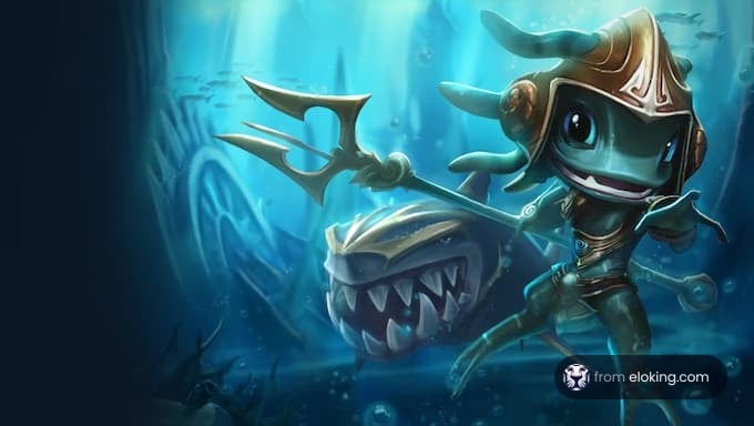 A whimsical underwater scene featuring a character wielding a trident.