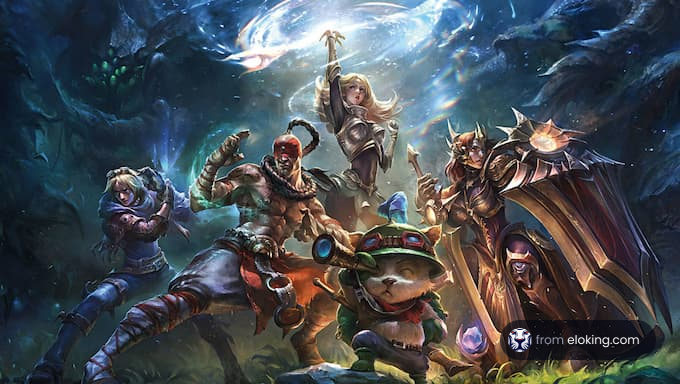 Five champions from a fantasy game posing heroically in an enchanted forest.