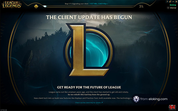 League of Legends client update initiation screen with logo and progress