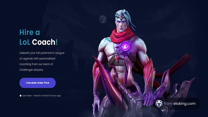 Advertisement for hiring a League of Legends coach with a stylized character illustration