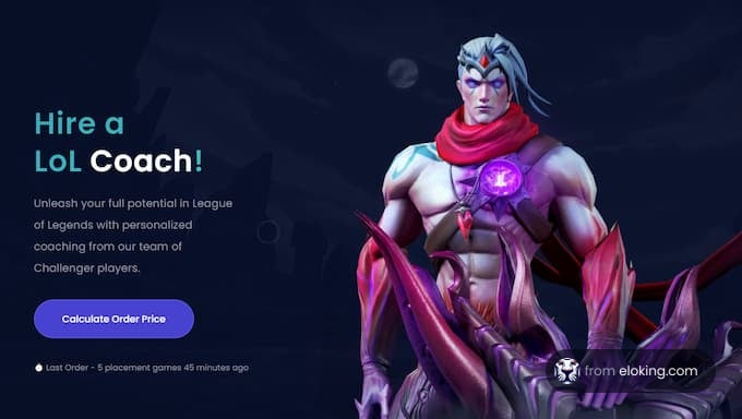 Promotional image for hiring a League of Legends coach featuring a muscular character holding a glowing orb