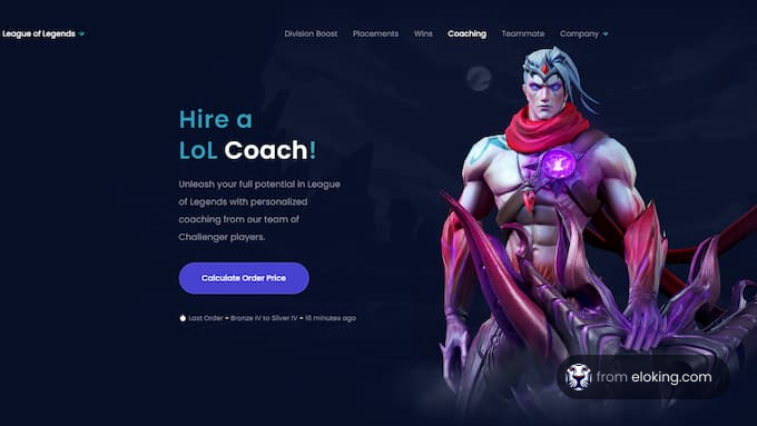 League of Legends coaching service advertisement featuring a stylized champion