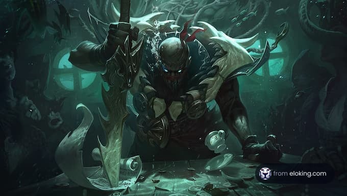 A dark warrior emerging from the depths, wielding a sword in a mysterious underwater environment.