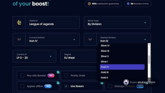 Interface of a League of Legends division boost service with options to select division, region, and additional services like live streaming