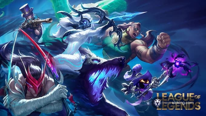 An epic battle scene from League of Legends featuring various champions.
