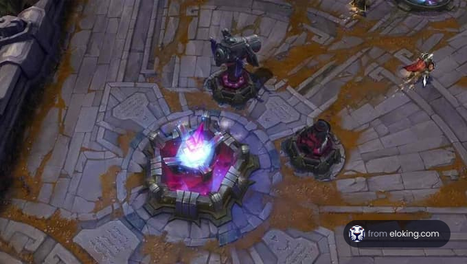Overview of a League of Legends game map with crystals and structures