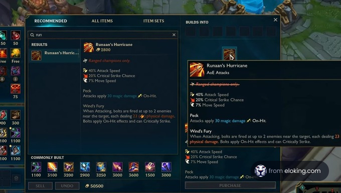 Screenshot of the item Runaan's Hurricane in League of Legends showing stats and price