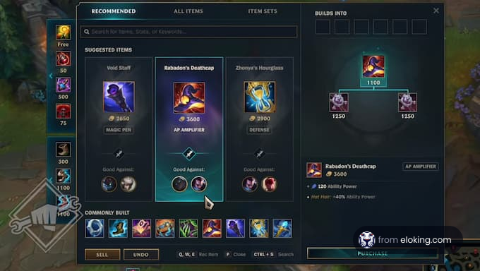 Screenshot of the item shop interface in League of Legends showing various magical items for purchase