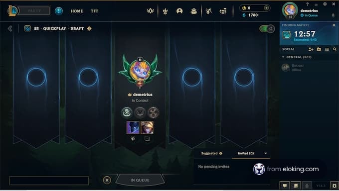 League of Legends quickplay draft screen showing player status