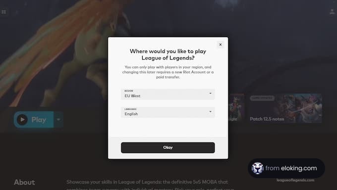 League of Legends region selection screen with EU West option selected