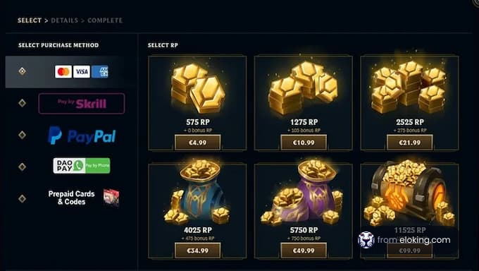 League of Legends RP purchase options with various amounts and prices.