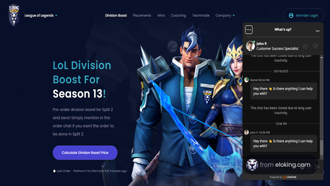 Advertisement for League of Legends Season 13 division boost featuring game characters
