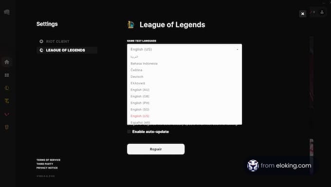 League of Legends settings showing language options