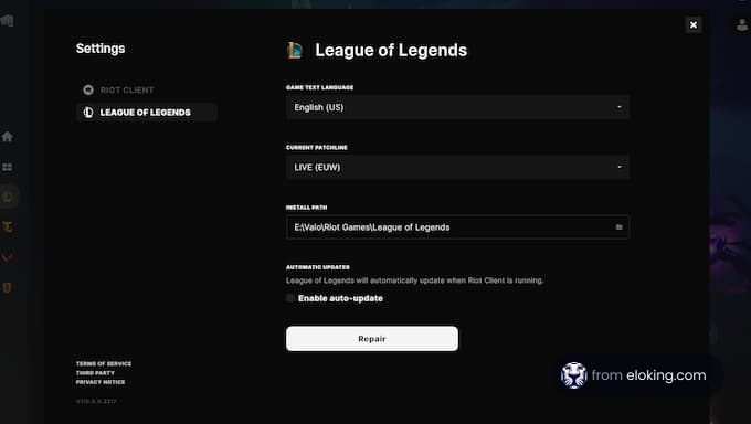 League of Legends game settings in English