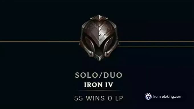 League of Legends ranking showing Solo/Duo Iron IV with 55 wins and 0 LP.