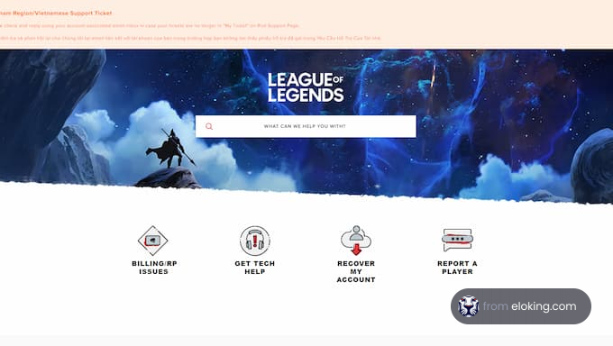 League of Legends support page with search bar and support options