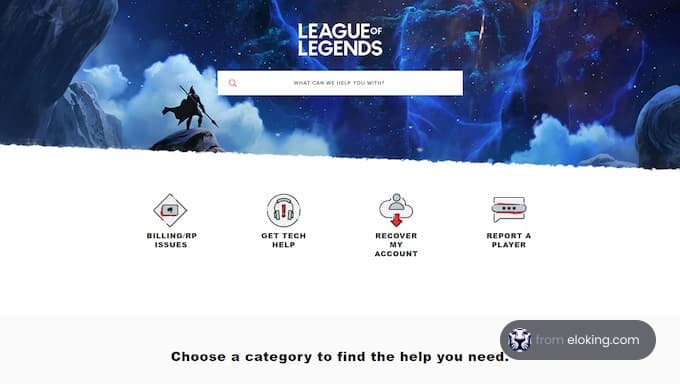 League of Legends support page interface with options and search bar