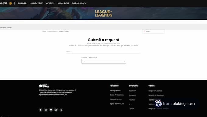 League of Legends support request page.