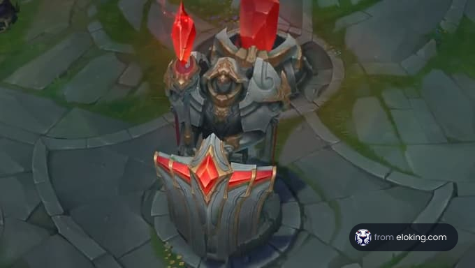 A League of Legends tower adorned with red crystals