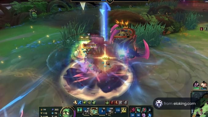A dynamic battle scene from a League of Legends game with vibrant effects.