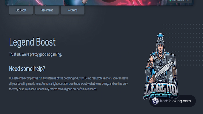 Promotional banner for Legend Boost gaming services featuring a warrior character