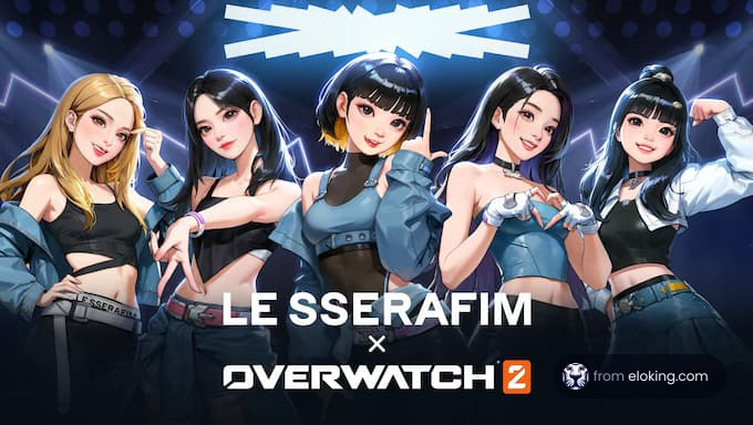 LE SSERAFIM x Overwatch 2コラボレーションを宣伝する5人のアニメーションキャラクター