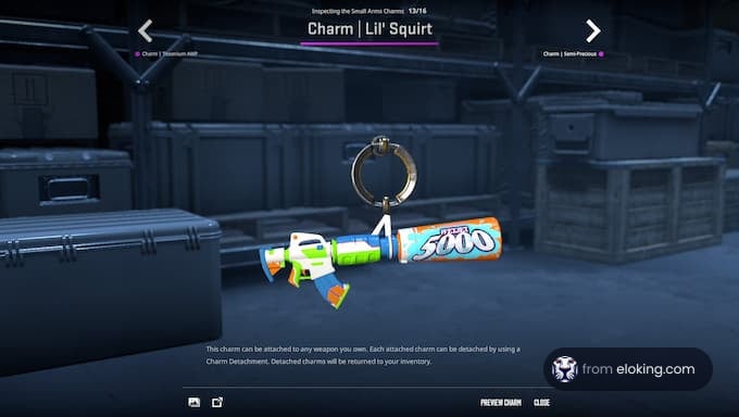 Video game gun charm named 'Lil Squirt' in a storage environment