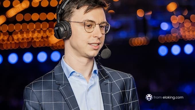 A man wearing a headset and glasses speaking at a live event