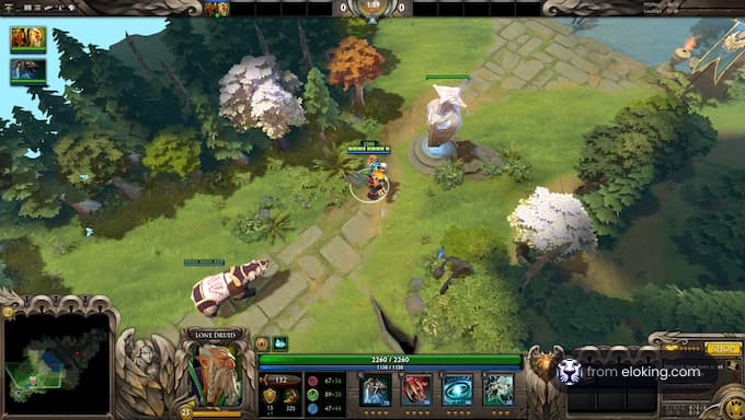 Lone Druid character advancing in a lush Dota 2 game environment
