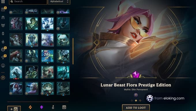 Lunar Beast Fiora Prestige Edition skin in League of Legends interface