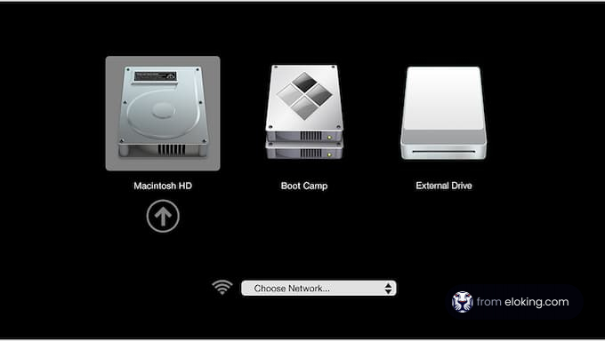 Macintosh HD, Boot Camp, and External Drive selection screen