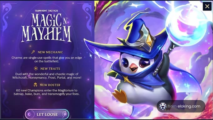 Cartoon penguin wizard in magical game advertisement