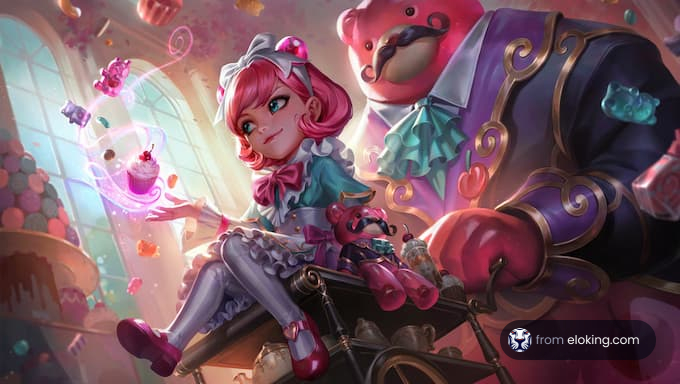 Anime girl with pink hair and magical bear in a colorful fantasy setting