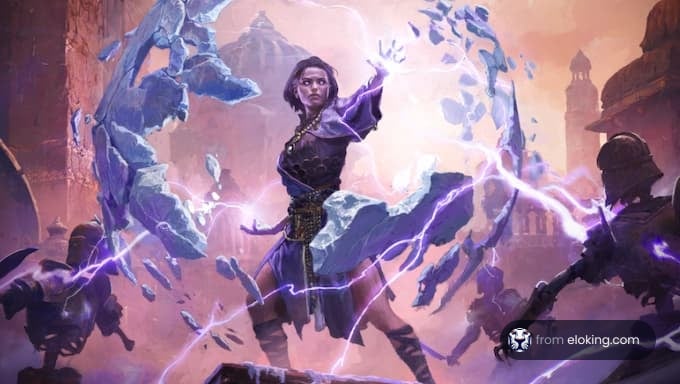 A powerful magician conjuring energy in a battle scene.