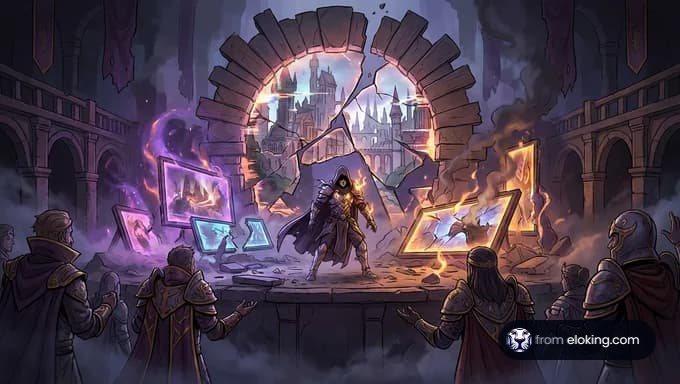 Ein Zauberer steht vor einem magischen Portal in einem spannenden Moment.