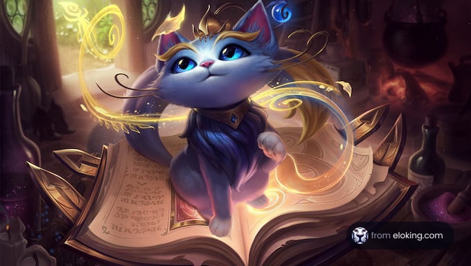 A whimsical blue cat casting magical spells over an ancient book in a mystical library