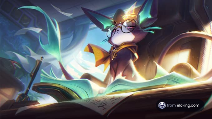 A magical cat in glasses reading a book in a fantasy setting.
