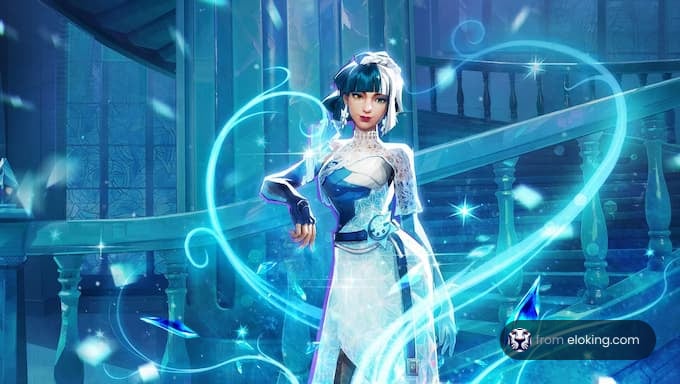 A magical character illustration in a fantasy setting with swirling lights and crystals.