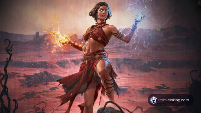 Magical female warrior wielding fire and lightning powers