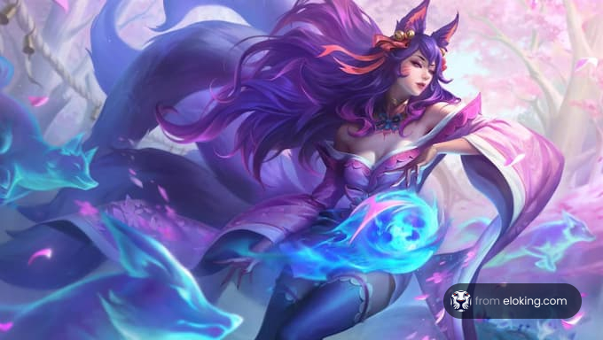 A magical fox spirit with flowing hair surrounded by ethereal blue flames