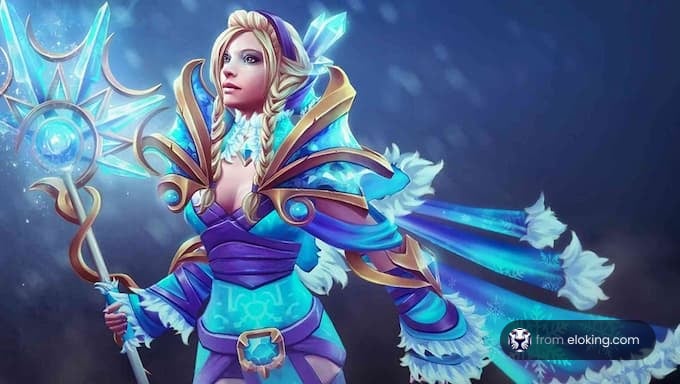 A magical frost mage character in elaborate blue attire wielding a shimmering staff.