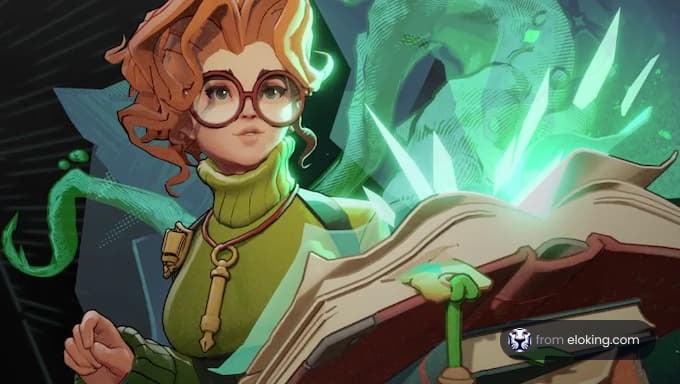 A young girl with glasses engaged in reading a magical book surrounded by mystical elements.