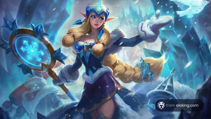 A magical ice queen casting spells in a winter landscape.