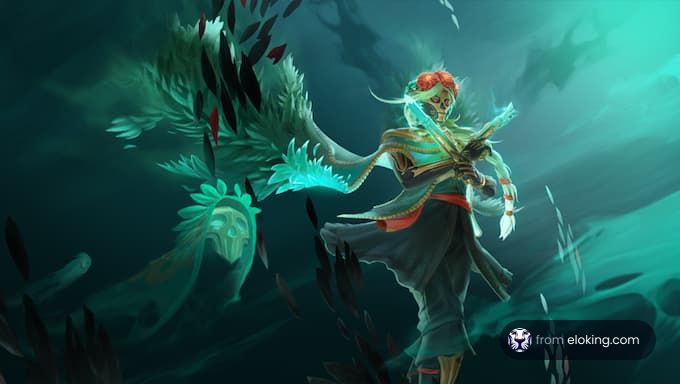 A magical skeleton warrior wielding a sword in a mystical landscape.