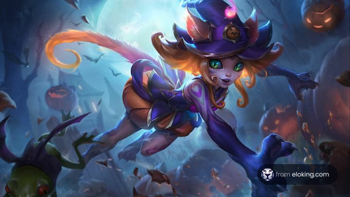 Animated witch character flying with a magical broomstick in a spooky Halloween setting